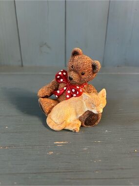 Vintage 2005 Lenox Brown Teddy Bear Figurine with Yellow Cat - “Kitty Teddy”